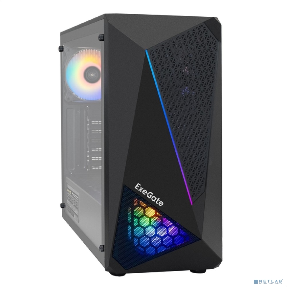 Exegate EX296073RUS Корпус Miditower ExeGate EVO-8225-EVO800 (ATX, БП EVO800RGB с вент. 12см, 2*USB+1*USB3.0, черный, 2 вент. с RGB подсветкой и полоса на передней панели, боковая панель - закаленное