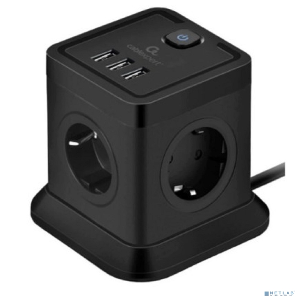 Cablexpert Сетевой фильтр Tower TWR-4-U3-B-2 (4р, 10А, 3xUSB, 3.1А, 2м, ур.защиты 2+) черный, коробка