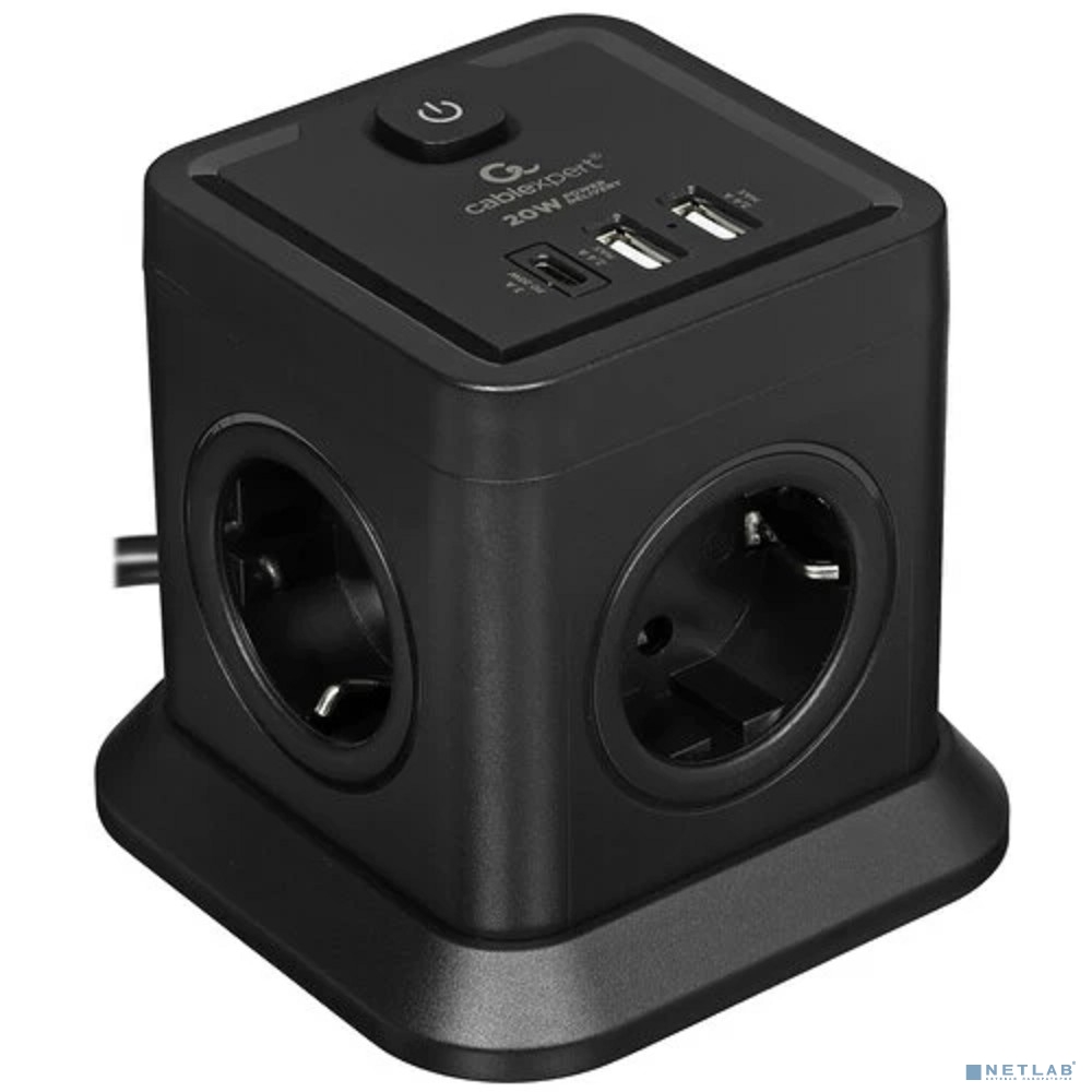 Cablexpert Сетевой фильтр Tower TWR-4-CU2-B-2 (4р, 10А, 1xType-C PD, 20Вт, 2 х USB, 2м, ур.защиты 2+) черный, коробка