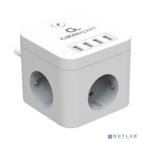 Cablexpert Сетевой фильтр Cube CUBE-3-U4-W-1.5 (3р, 10А, 4 х USB, 1.5м, ур.защиты 4+) белый, коробка