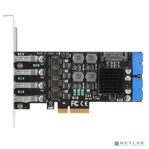 ORIENT NC-3U4419PEX4, Контроллер PCI-Ex4 v3.0,, USB 3.2 Gen1 (USB 3.0), скорость до 5 Гбит/с, 4-port ext/4-port int (19-pin) port, NEC D720201+ASM1806 chipset,Self powered+ разъем доп.питания (31356)
