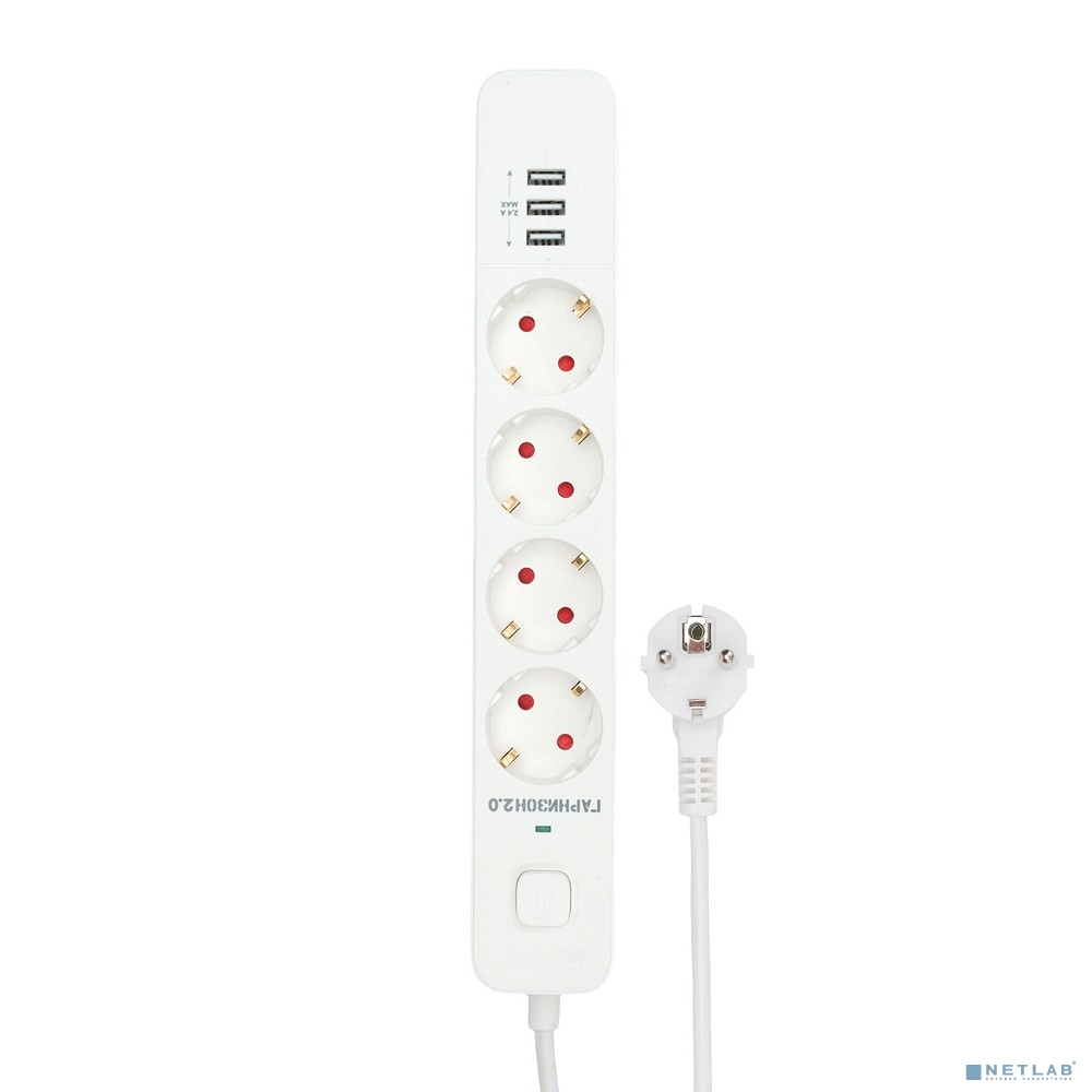 Гарнизон Сетевой фильтр 2.0 EPS-4-U3-W-2 Мультипорт, 4р, 10А, 3xUSB, 2м, ур.защиты 2+, белый, пакет (21445)