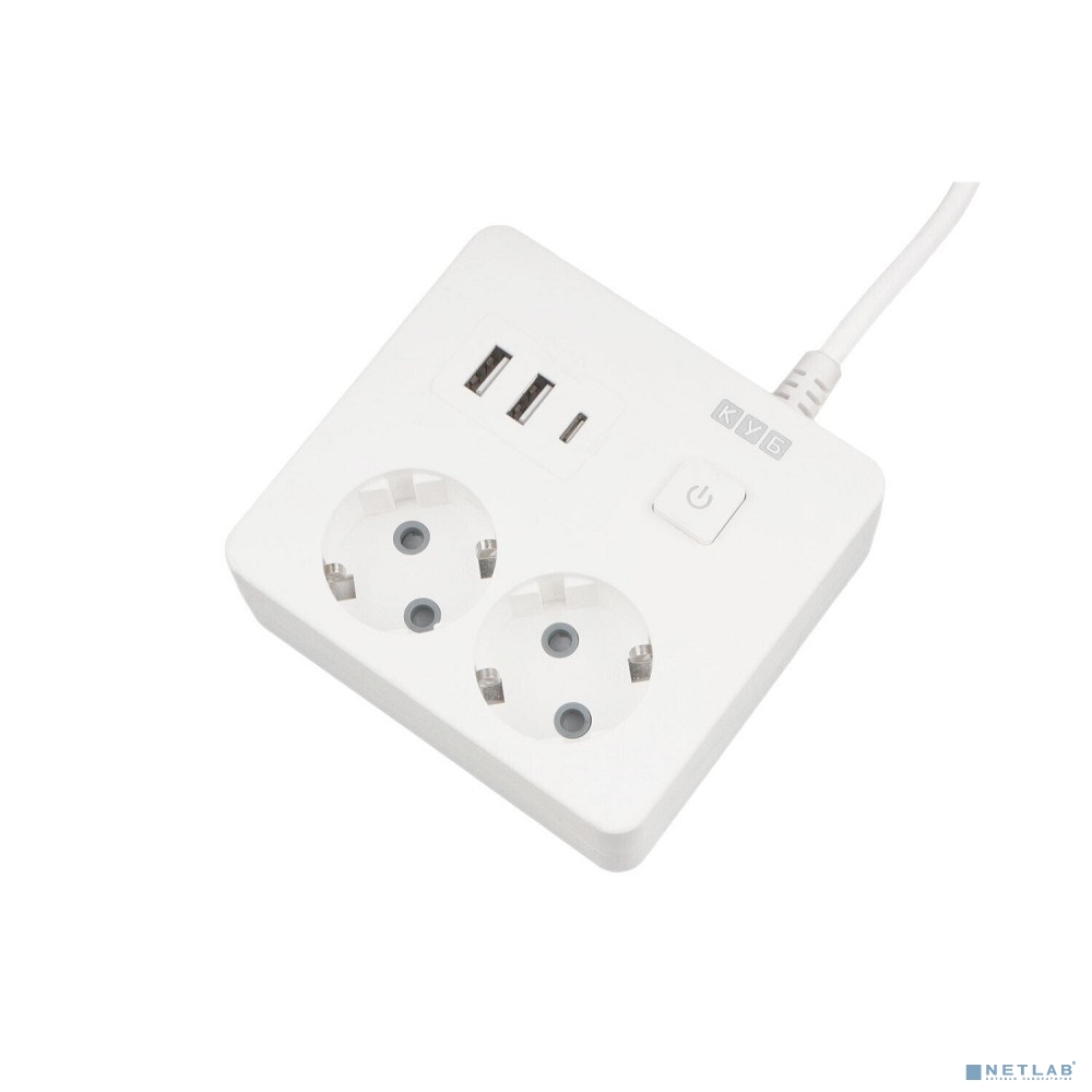 PowerCube Бытовой удлинитель (PC-1-2M) 2р с/з вык.,3USB, 3500 Вт, 16А, 1.9 м, 3*1,0 (белый) квадрат