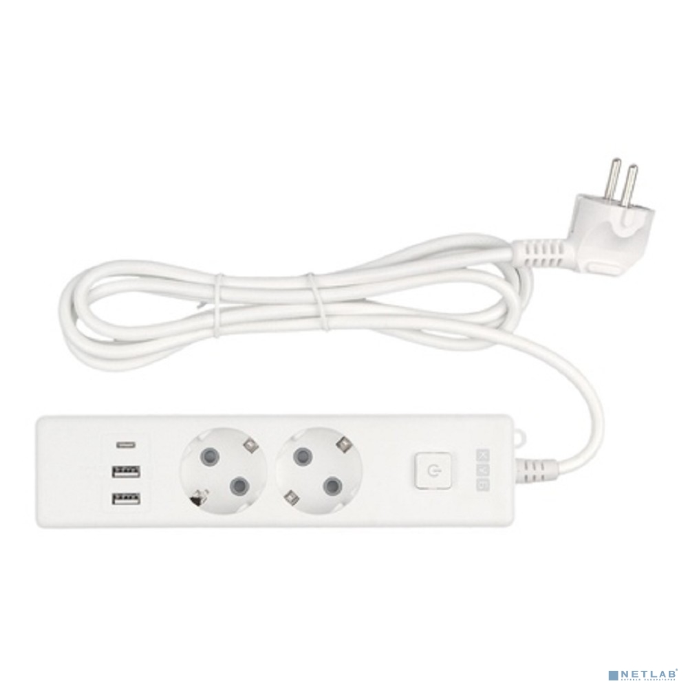 PowerCube Бытовой удлинитель (PC-4-2M) 2р с/з вык.,3USB, 3500 Вт, 16А, 1.9 м, 3*1,0 (белый)