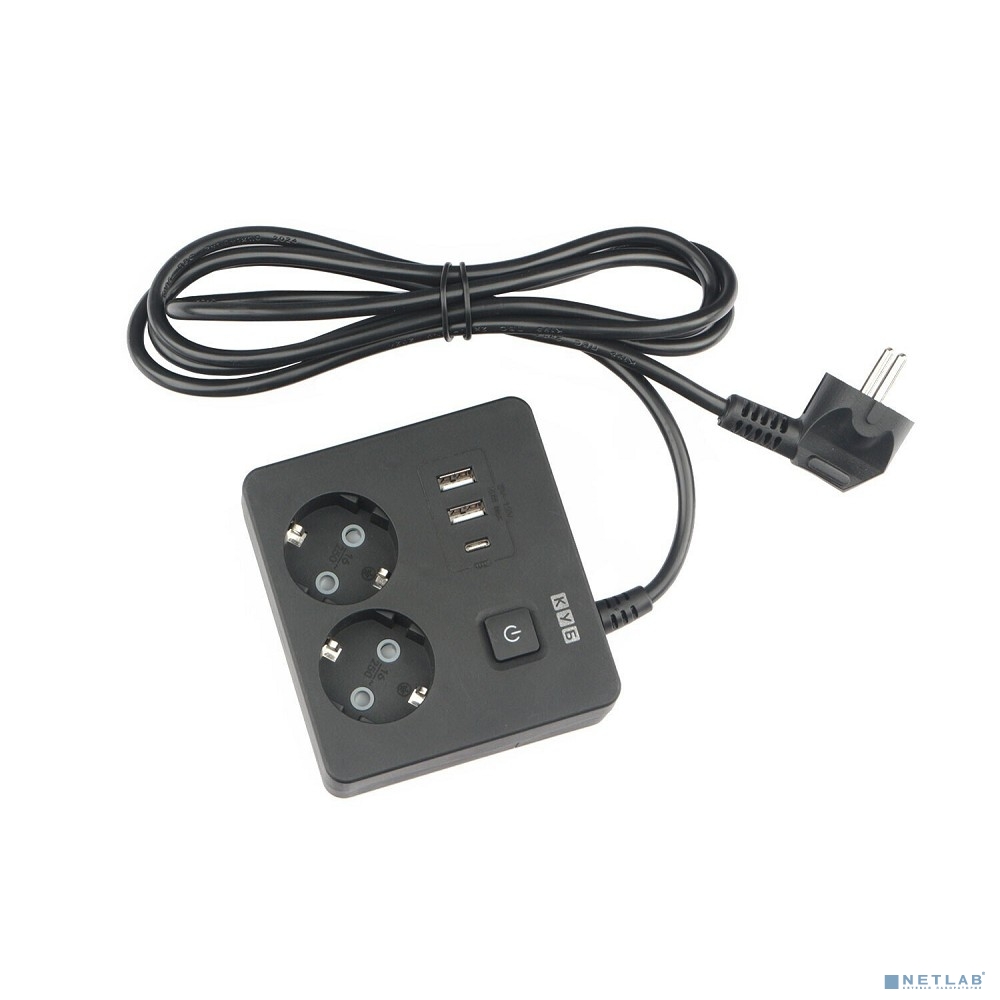 PowerCube Бытовой удлинитель (PC-1B-2M) 2р с/з вык.,3USB, 3500 Вт, 16А, 1.9 м, 3*1,0 (черный) квадрат