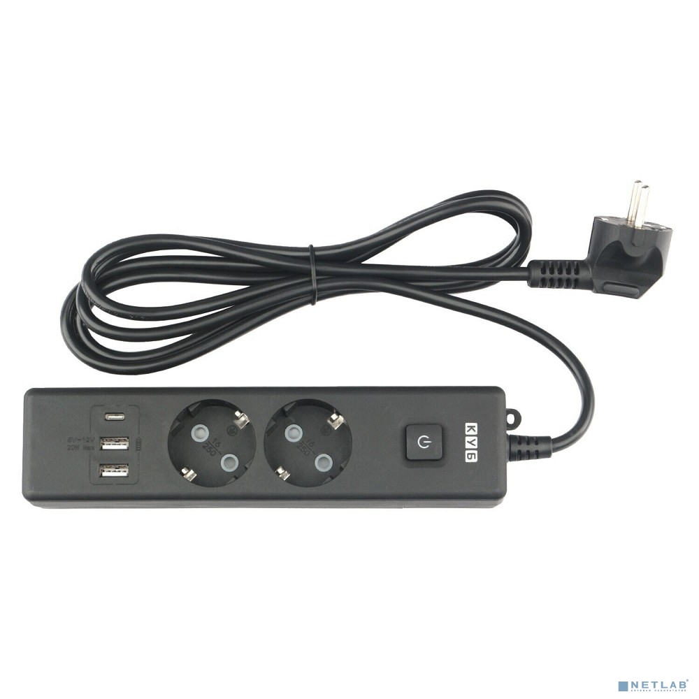 PowerCube Бытовой удлинитель (PC-5B-2M) 2р с/з вык.,3USB, 3500 Вт, 16А, 1.9 м, 3*1,0 (черный)