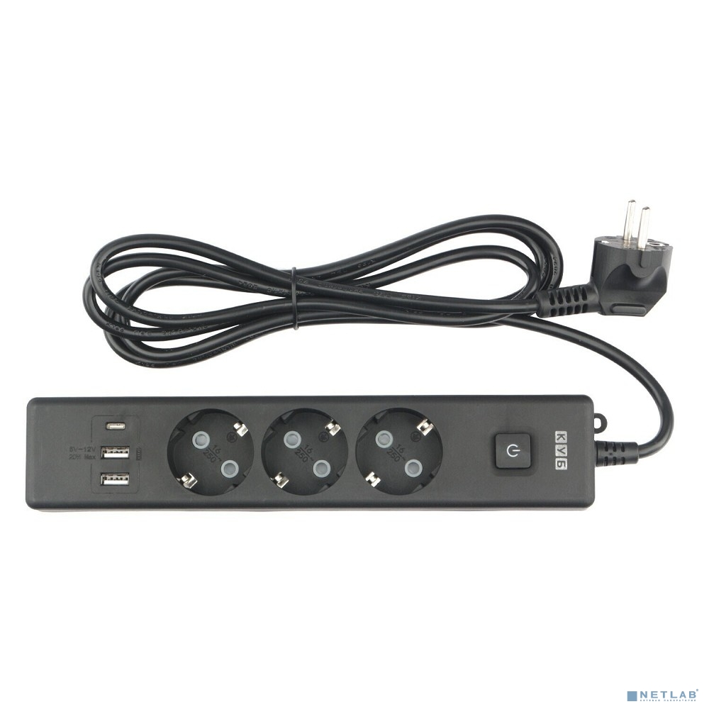 PowerCube Бытовой удлинитель (PC-6B-2M) 3р с/з вык.,3USB, 3500 Вт, 16А, 1.9 м, 3*1,0 (черный)
