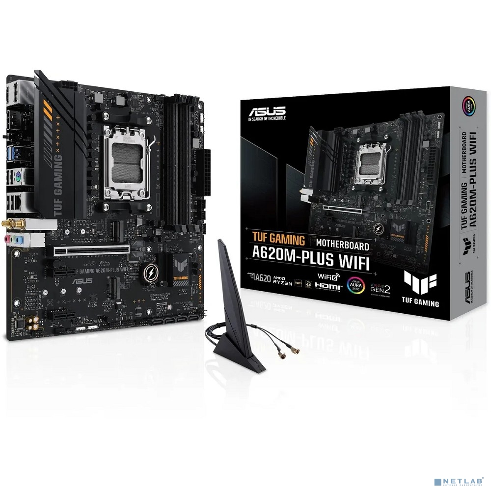 ASUS TUF GAMING A620M-PLUS WIFI (Socket AM5, mATX, 4xDDR5(128GB), 2xDP/HDMI 2.1, 1xPCIe 4.0x16/2xPCIe 3.0, 1xLAN (2.5GbE), Wi-Fi, BT, 4xSATA 6Gb/s, 2xM.2, 2xUSB 3.2, 4xUSB 2.0, 1xPS/2)