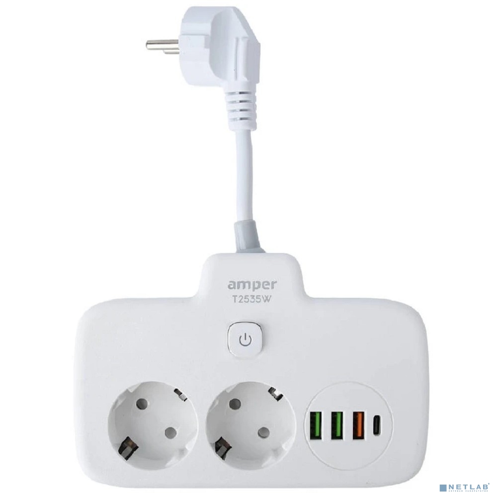 Amper сетевой удлинитель, 0,2м, 2 розетки, 3*0,75мм, 10А, 2500 Вт, 3usb, 1Type-C, 1кн, белый.