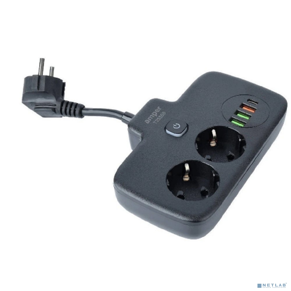 Amper сетевой удлинитель, 0,2м, 2 розетки, 3*0,75мм, 10А, 2500 Вт, 3usb, 1Type-C, 1кн, черный.