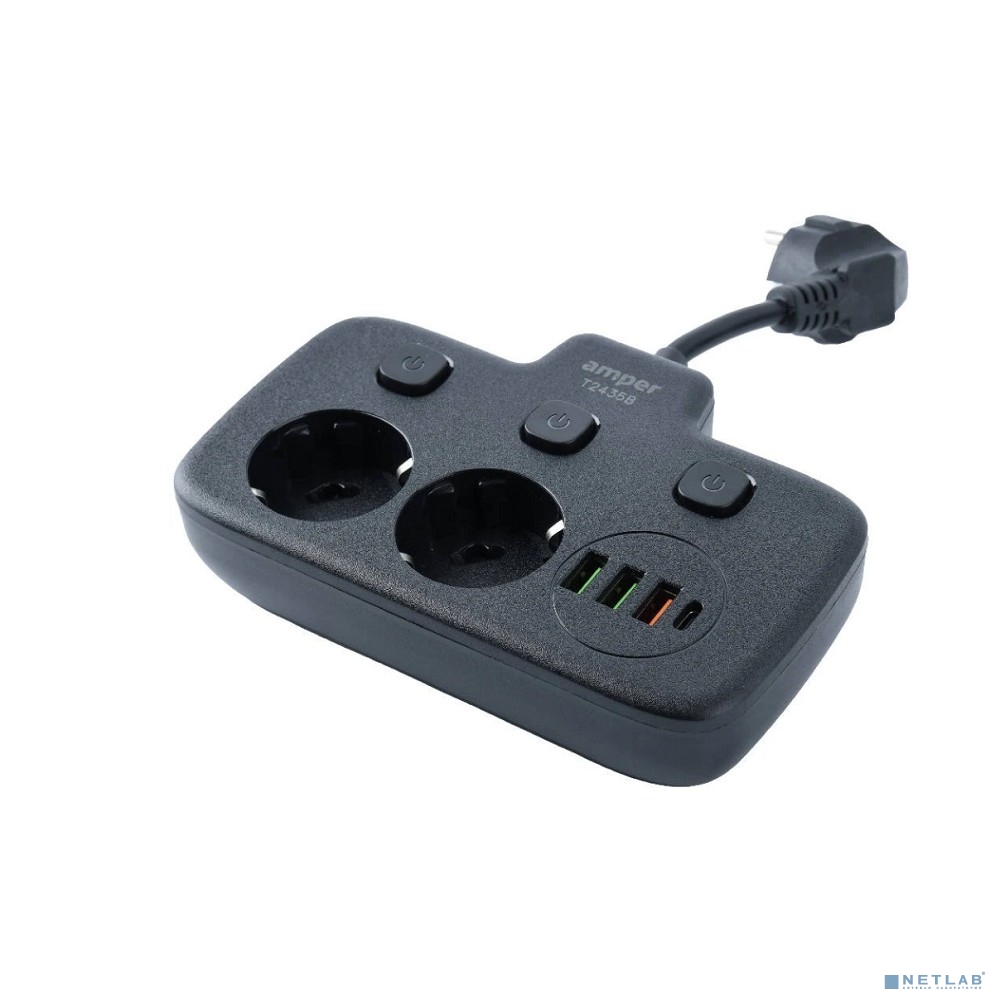 Amper сетевой удлинитель, 0,2м, 2 розетки, 3*0,75мм, 10А, 2500 Вт, 3usb, 1Type-C, 3кн, черный.