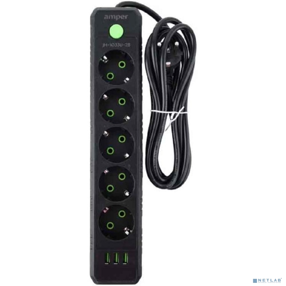 Amper сетевой удлинитель, 2,0м, 5 розеток, 10А, 2500 Вт, 3usb, черный.