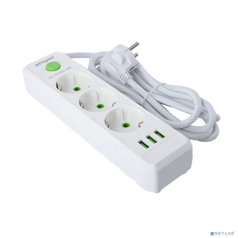 Amper сетевой удлинитель, 4,0м, 3 розетки, 10А, 2500 Вт, 3usb, белый.
