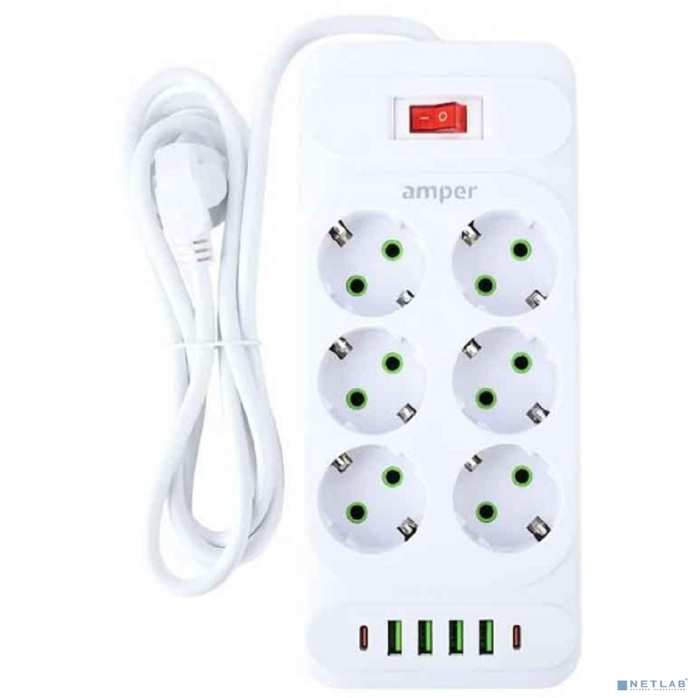Amper сетевой удлинитель, 4,0м, 6 розеток, 10А, 2500 Вт, 4usb,2Type-C, белый.