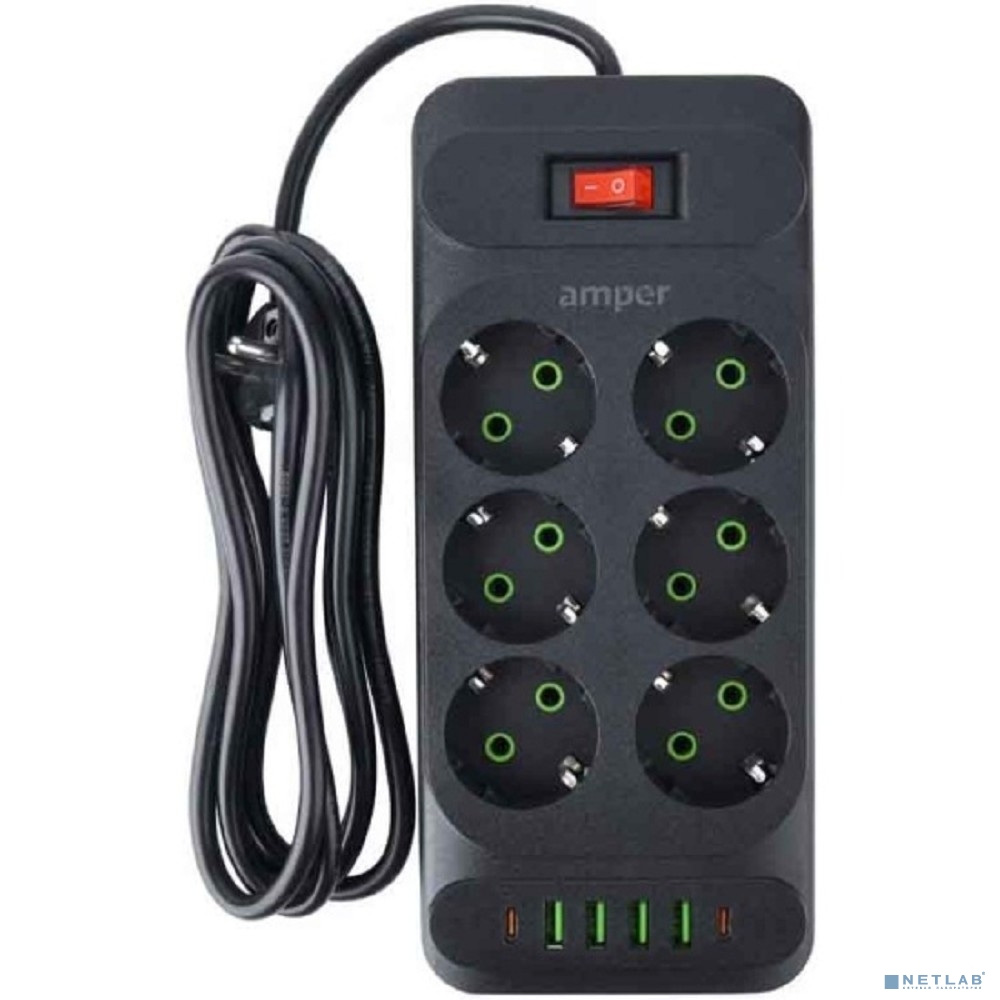Amper сетевой удлинитель, 4,0м, 6 розеток, 10А, 2500 Вт, 4usb,2Type-C, черный.
