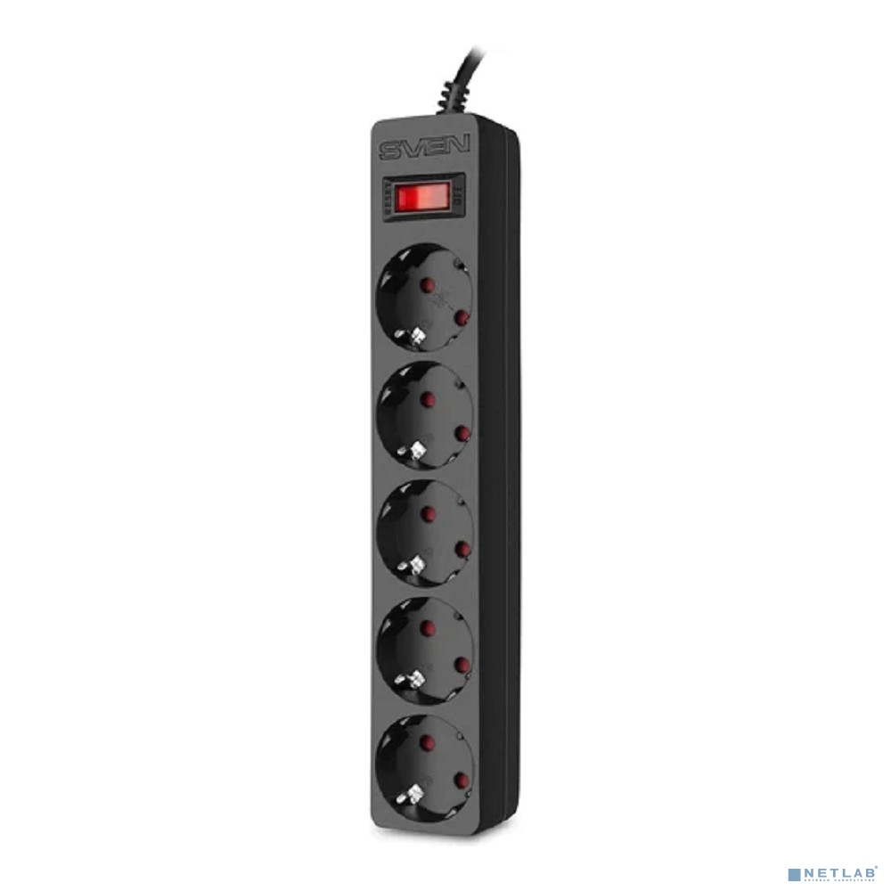 Фильтр SF-05E 1,8 м (5 розеток с защитными шторками) черный, цветная коробка