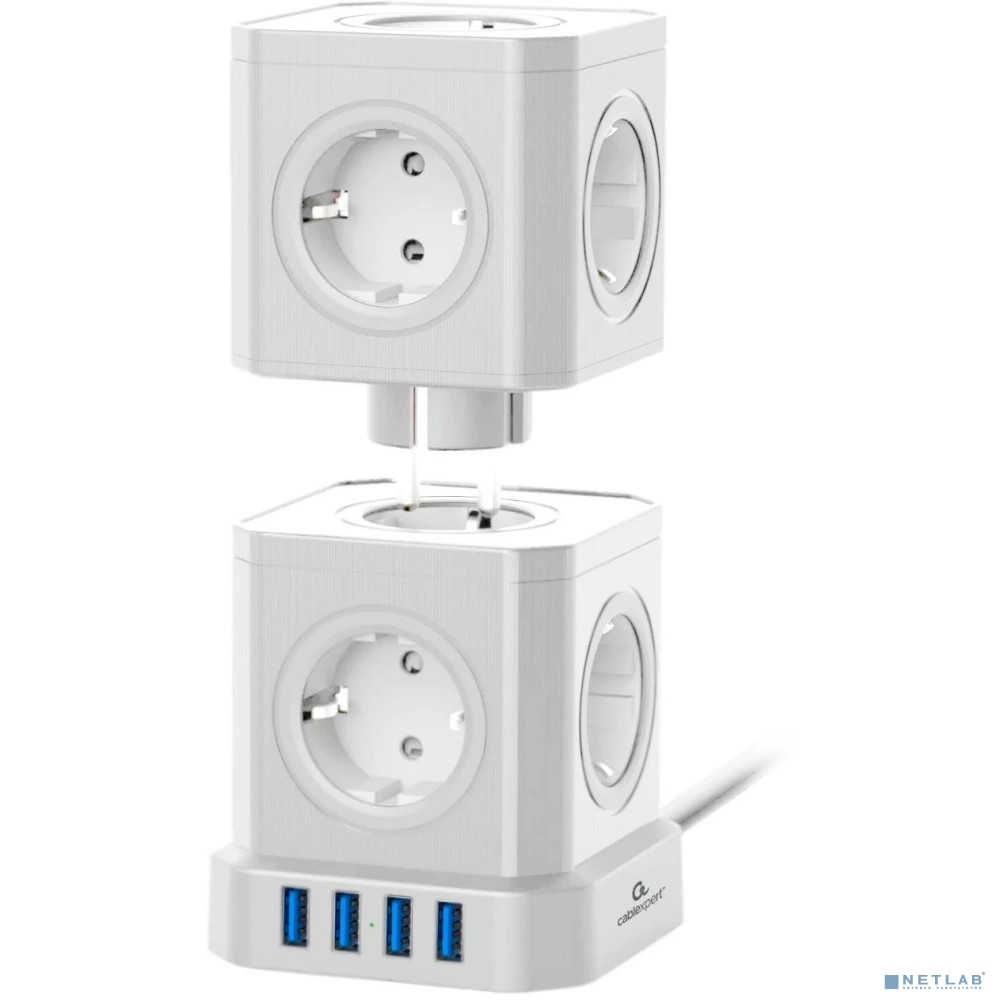 Cablexpert Сетевой фильтр Tower TWR-9-U4-W-2 (9р, 16А, 4 х USB, 3.1А, 2м, ур.защиты 4+) белый, коробка