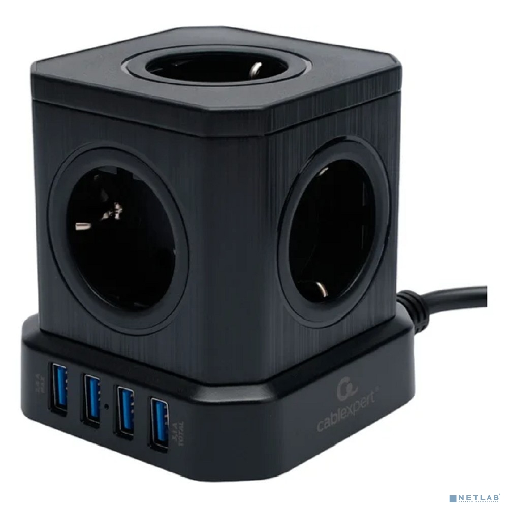 Cablexpert Сетевой фильтр Tower TWR-5-U4-B-3 (Tower 5р, 10А, 4 х USB, 3.1А, 3м, ур.защиты 4+) черный, коробка