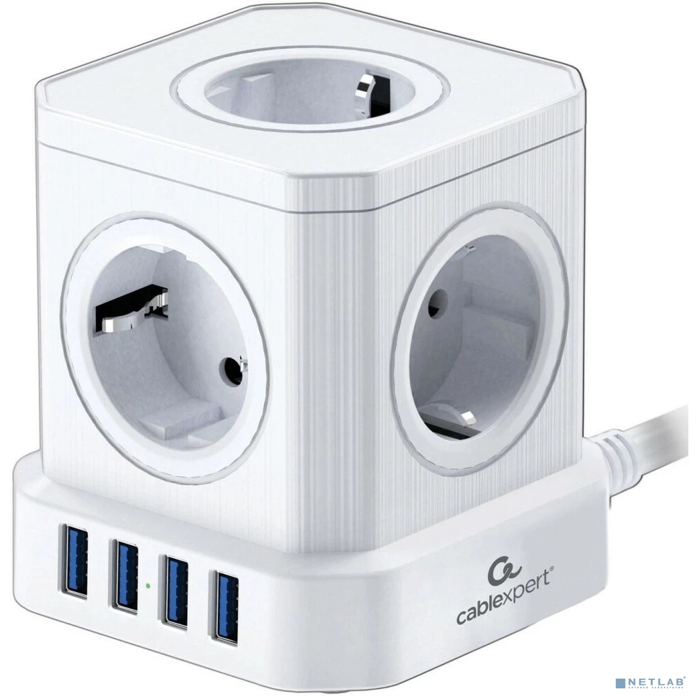 Cablexpert Сетевой фильтр Tower TWR-5-U4-W-3 (Tower 5р, 10А, 4 х USB, 3.1А, 3м, ур.защиты 4+) белый, коробка