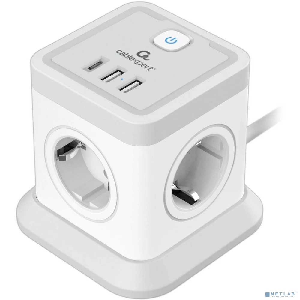 Cablexpert Сетевой фильтр Tower TWR-4-CU2-W-2 (4р, 10А, 1xType-C PD, 20Вт, 2 х USB, 2м, ур.защиты 2+) белый, коробка
