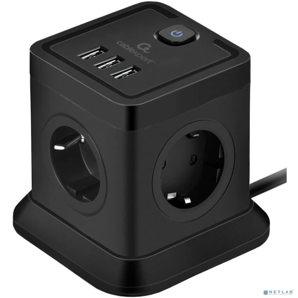 Cablexpert Сетевой фильтр Tower TWR-4-U3-B-3 (4р, 10А, 3xUSB, 3.1А, 3м, ур.защиты 2+) черный, коробка