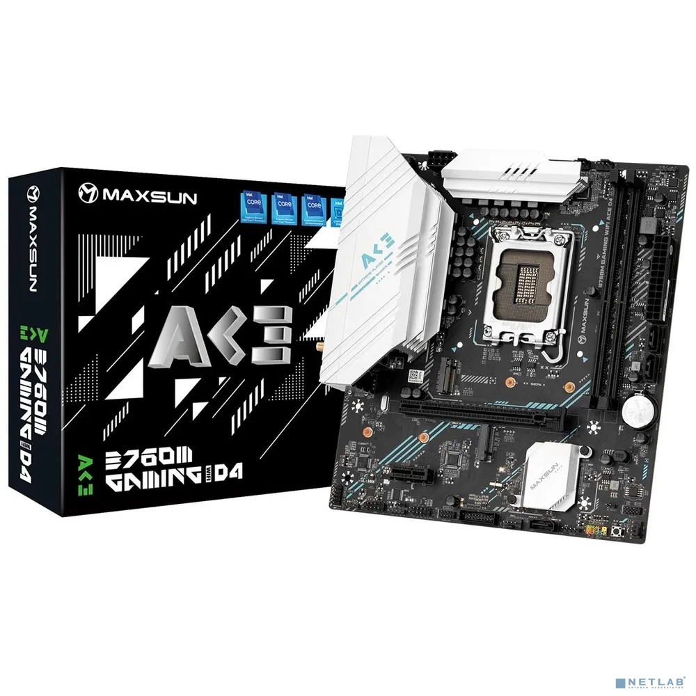 MAXSUN MS-B760M Gaming WIFI ACE (Socket 1700, mATX, 2*DDR5, VGA/HDMI, 3*SATA3, 2*M.2, 1xPCI-E x16 /1xPCI-E x4, 2*USB 2.0, 4*USB 3.2 GEN1, LAN 1*1G, Bluetooth, Wi-Fi 802.11ax, RTL)