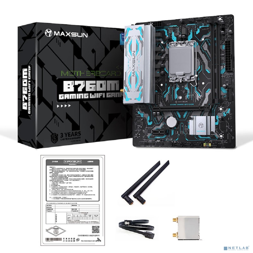 MAXSUN MS-B760M GAMING WIFI GANK V2 (Socket 1700, mATX, 2*DDR5, VGA/HDMI, 3*SATA3, 1*M.2, 1xPCI-E x16 /1xPCI-E x4, 4*USB 2.0, 2*USB 3.2 GEN 2, LAN 1*1G, Bluetooth, Wi-Fi 802.11ax, RTL)