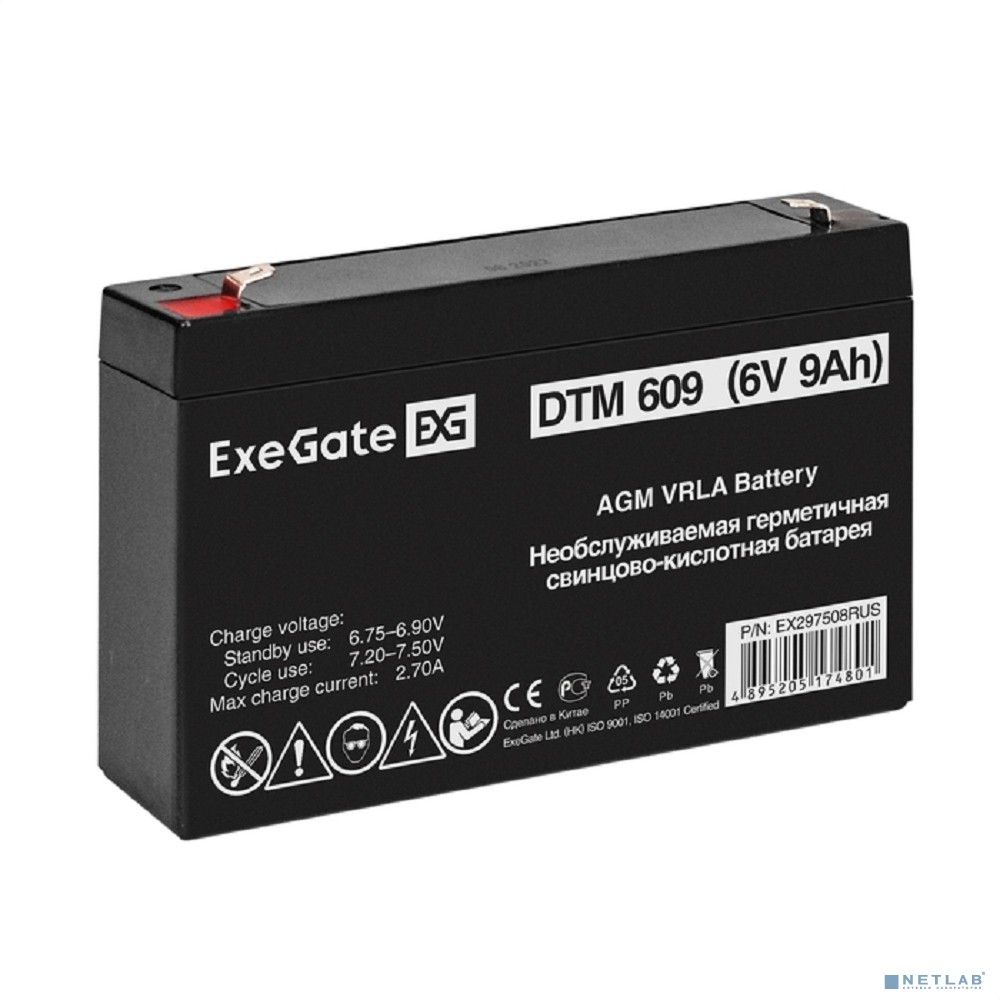 Exegate EX297508RUS Аккумуляторная батарея DTM 609 (6V 9Ah, клеммы F2)