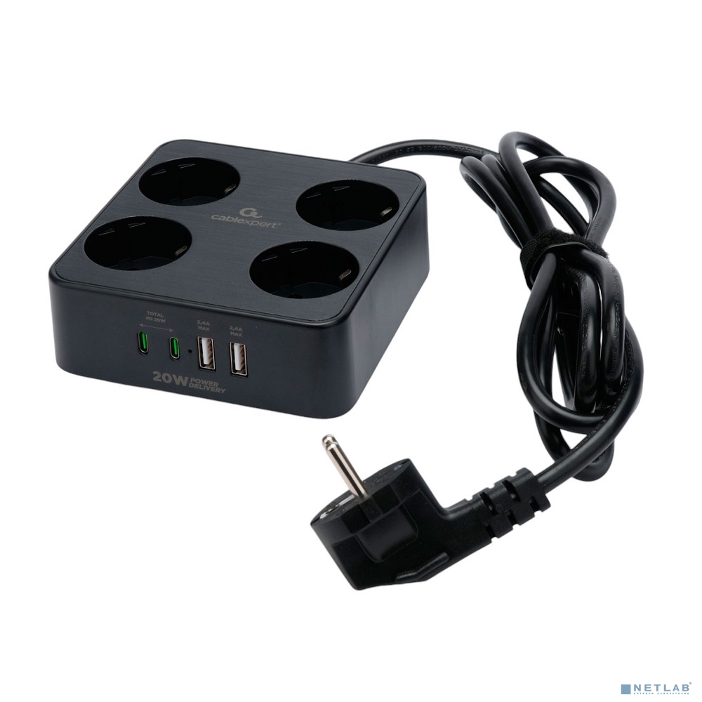 Cablexpert Сетевой фильтр Plate PLT-4-C2U2-B-3 (4р, 10А, 2xType-C PD, 20Вт, 2xUSB, 3м, ур.защиты 4+) черный, коробка