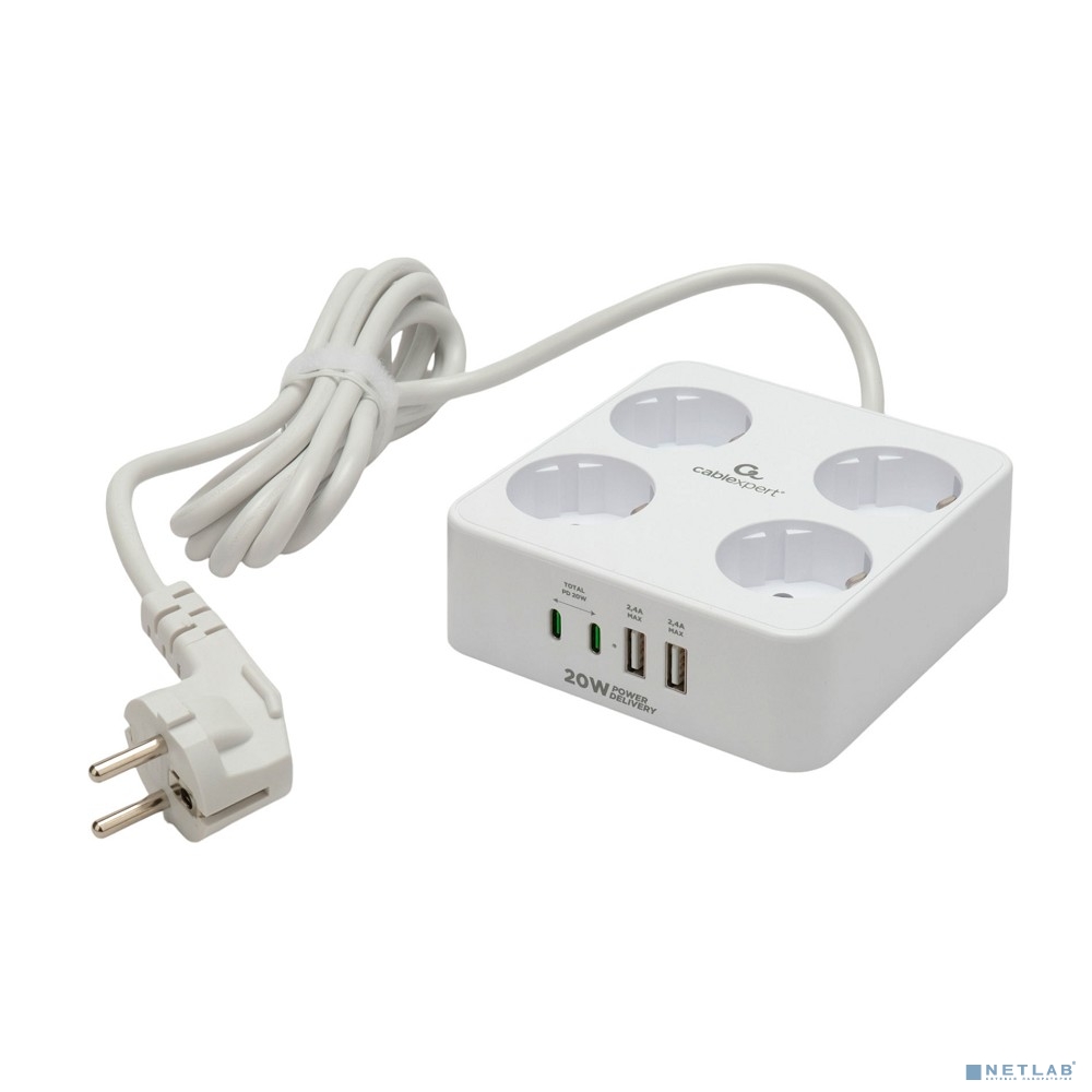 Cablexpert Сетевой фильтр Plate PLT-4-C2U2-W-2 (4р, 10А, 2xType-C PD, 20Вт, 2xUSB, 2м, ур.защиты 4+) белый, коробка