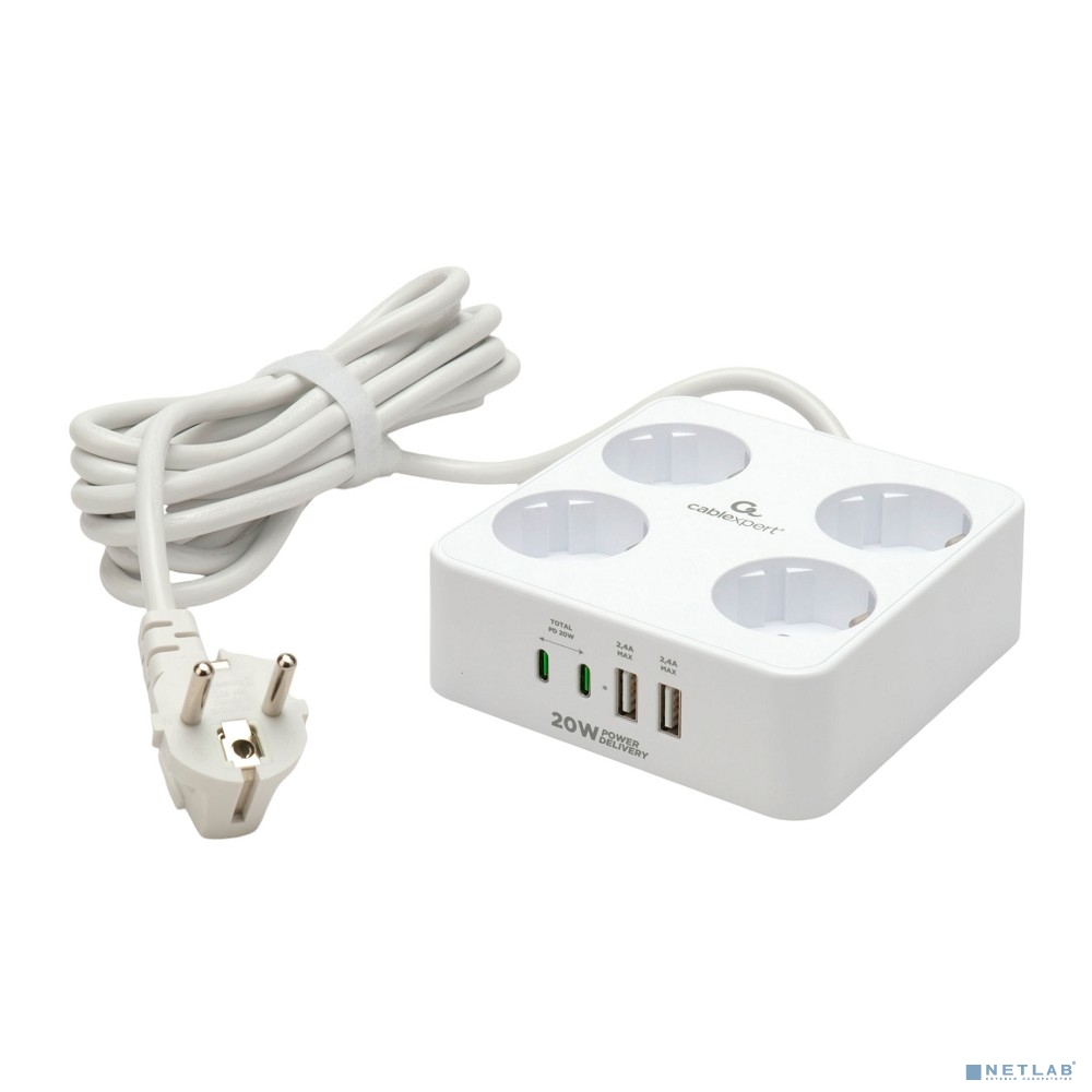 Cablexpert Сетевой фильтр Plate PLT-4-C2U2-W-3 ( 4р, 10А, 2xType-C PD, 20Вт, 2xUSB, 3м, ур.защиты 4+) белый, коробка