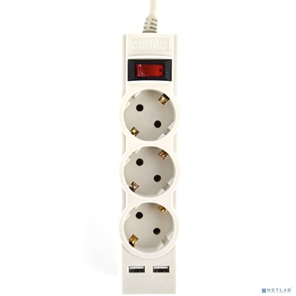 Perfeo сетевой фильтр "POWER-S", 1,8м, 3 розетки 10А, 2USB, 2500 Вт, двойная защита, серый.