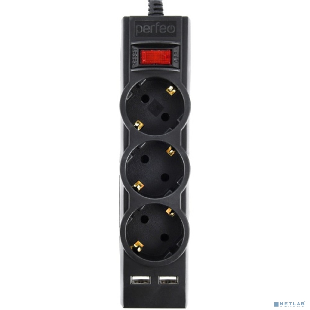 Perfeo сетевой фильтр "POWER-S", 5,0м, 3 розетки 10А, 2USB, 2500 Вт, двойная защита, черный.