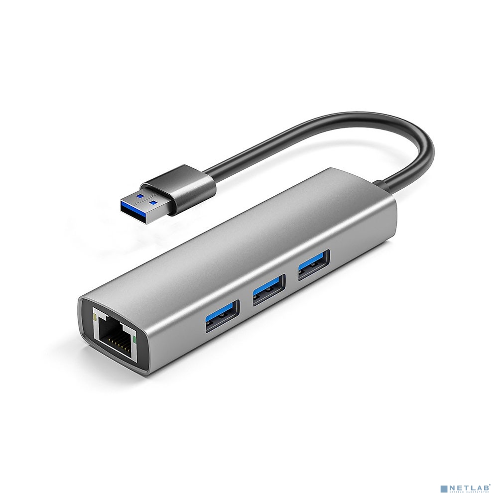 ORIENT JK-340N, разветвитель-сетевая карта USB 3.2 Gen1 (5 Гбит/c), порты: 3xUSB-A + RJ45 Gigabit Ethernet, RTL8153, 100/1000 Мбит/с, кабель USB Type-A, алюминиевый корпус, серебристый (33308)