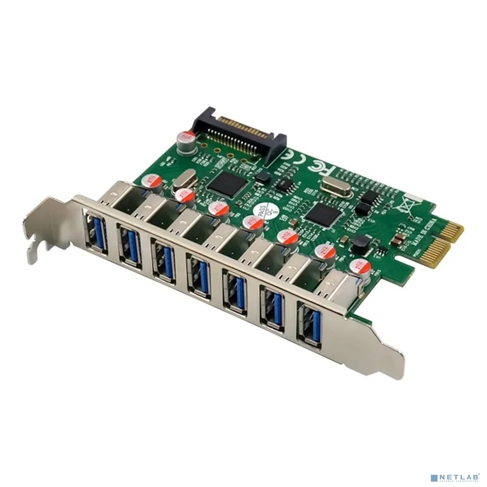 ORIENT VA-3U7PE, Контроллер PCI-Ex1, USB 3.2 Gen1 (USB 3.0), скорость до 5 Гбит/с, 7-port ext, VIA VL805+VL812 chipset, разъем доп.питания, oem (31110)