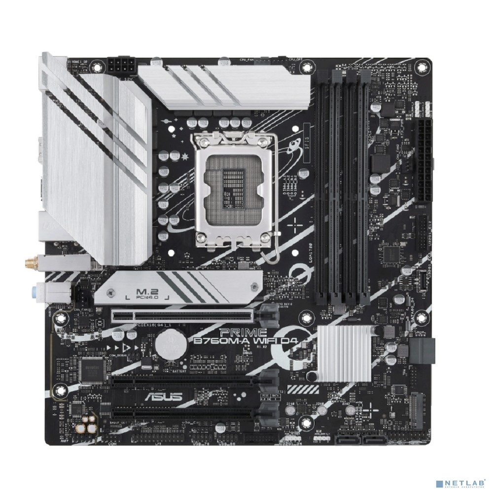 ASUS PRIME B760M-A WIFI D4 (Socket 1700, mATX, 4xDDR4(128GB), DP/2xHDMI 2.1, 3xPCIe 4.0x16, 1xLAN (2.5GbE), Wi-Fi, BT, 4xSATA 6Gb/s, 2xM.2, 2xUSB 3.2, 4xUSB 2.0, 1xPS/2)
