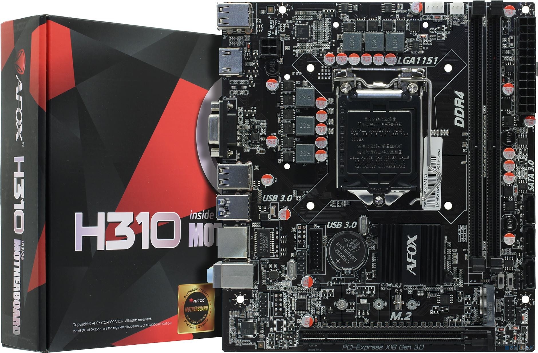 AFOX IH310C-MA6-V4 (Socket 1151, mATX, 2*DDR4(64Gb), VGA+ HDMI, 3*SATA3, 1*M.2, 1*PCIEx16, 4*USB 2.0, 2*USB 3.0, LAN 1*1G, RTL)