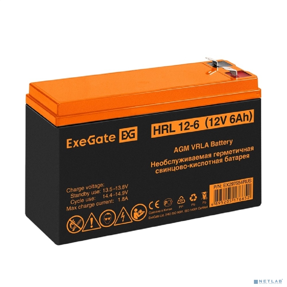 Exegate EX297554RUS Аккумуляторная батарея ExeGate HRL 12-6 (12V 6Ah 1224W, клеммы F2)