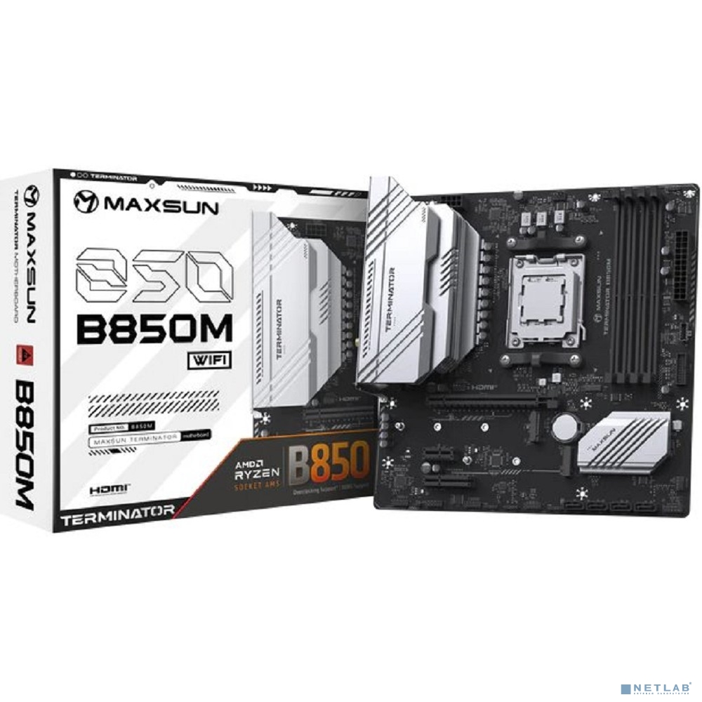 MAXSUN MS-Terminator B850M WIFI (Socket AM5, mATX, 4*DDR5(192Gb), DP/HDMI, 4*SATA3, 2*M.2, 1*PCIEx16/1*PCIEx4/1*PCIEx1, 4*USB2.0, 4*USB 3.0, 1*Type-C, LAN 1*2,5G, Bluetooth, Wi-Fi 802.11ax, RTL)