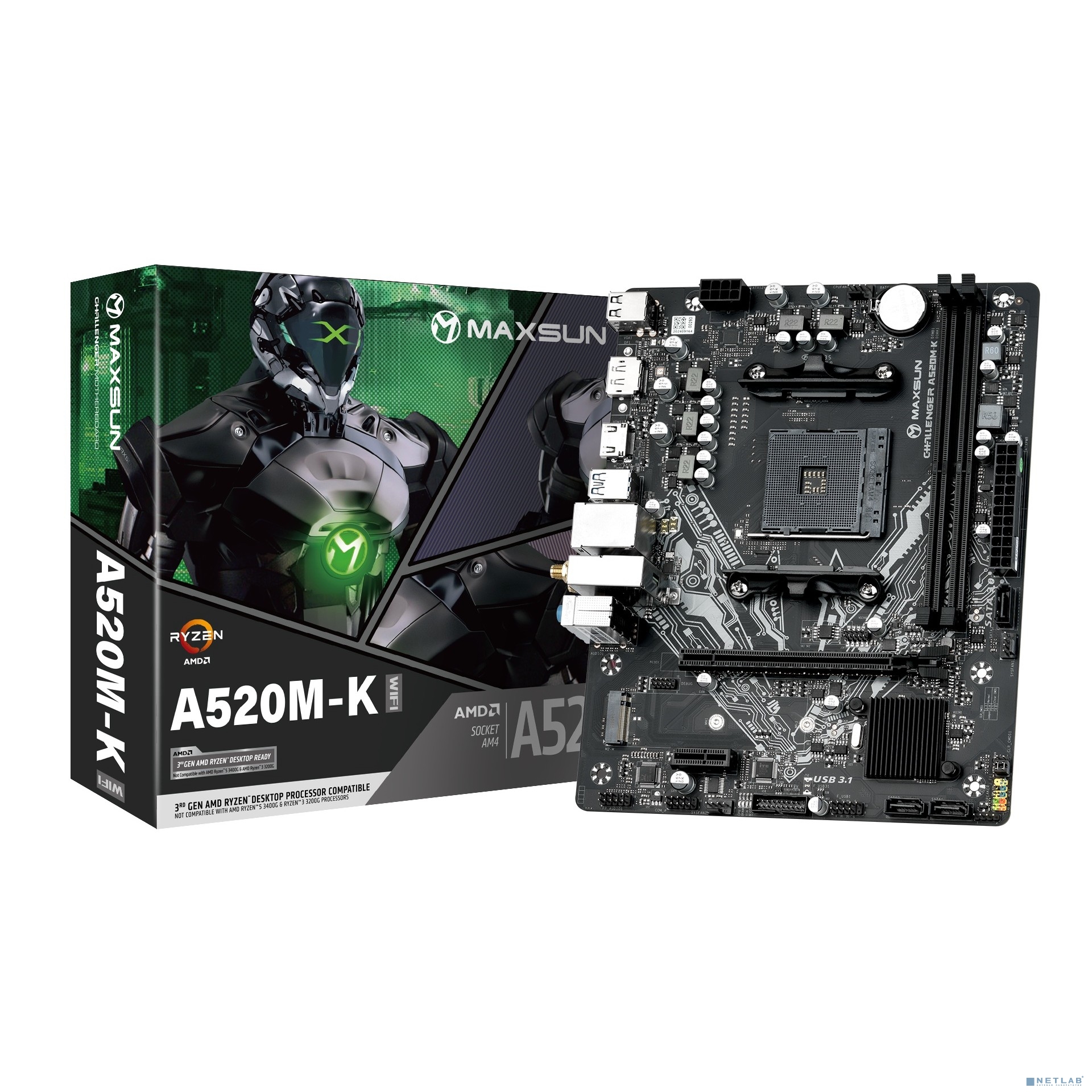 MAXSUN MS-Challenger A520M-K WIFI (Socket AM4, mATX, 2*DDR4(64Gb), DP/HDMI, 3*SATA3, 1*M.2, 1*PCIEx16/1*PCIEx1, 4*USB2.0, 2*USB 3.0, LAN 1*1G, Bluetooth, Wi-Fi 802.11ac, RTL)