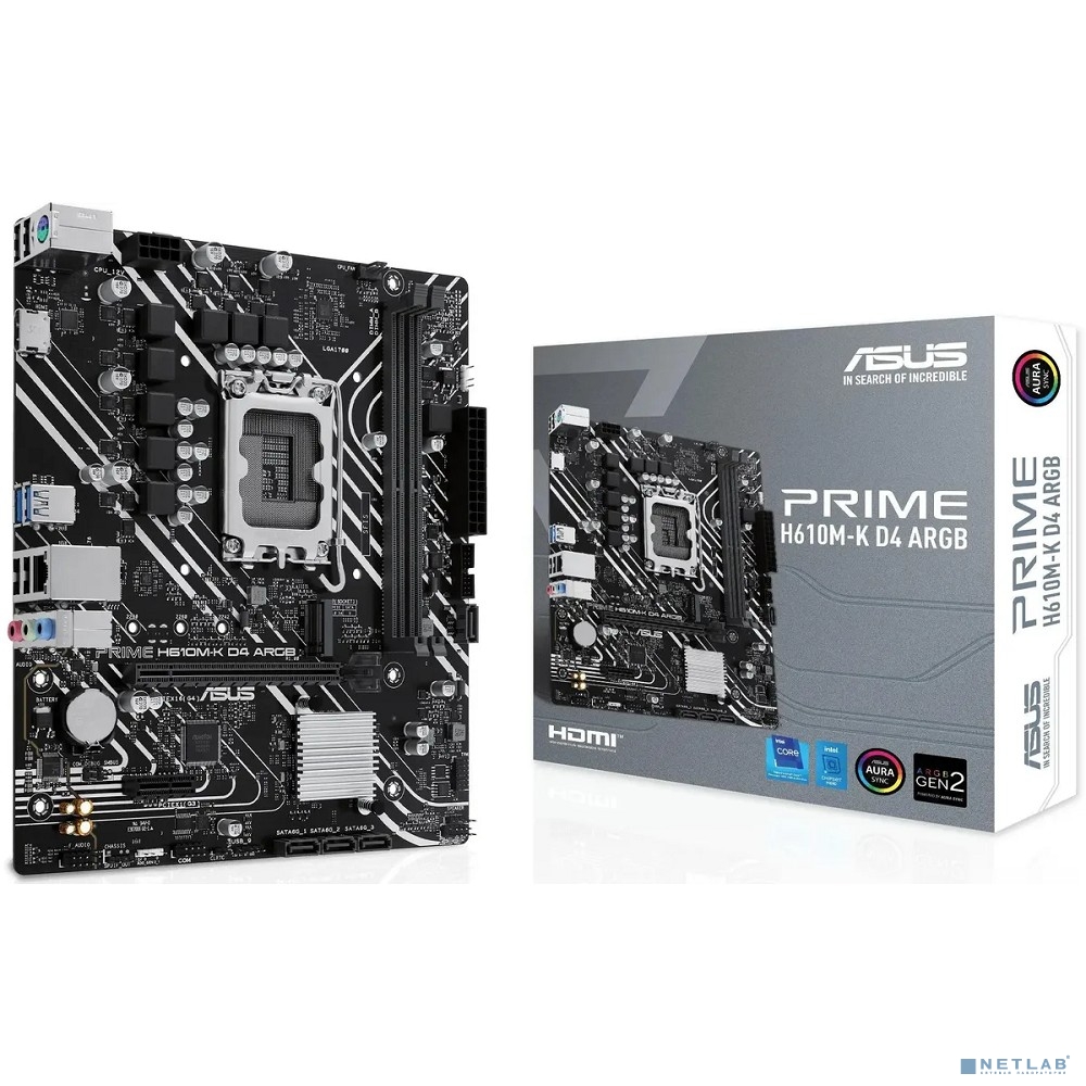 ASUS PRIME H610M-K D4 ARGB (Socket 1700, mATX, 2xDDR4(64GB), HDMI 2.1, 1xPCIe 4.0x16/1xPCIe 3.0/1xLAN, 4xSATA 6Gb/s, 1xM.2, 2xUSB 3.2, 4xUSB 2.0, 1xPS/2)