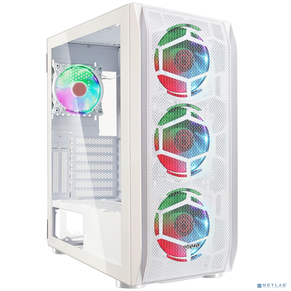 Ginzzu GL 390 боковая дверца закаленное стекло на петлях на магнитах, controller CRC10, 4* 12R6W FAN 12CM RGB Белый