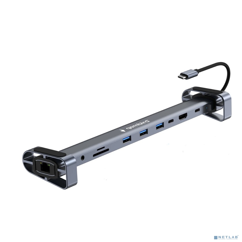 Gembird Док-станция Type-C,10 в 1:3xUSB3.1, PD87W, Jack, SD/TF, HDMI, RJ45, Type-C, кабель14см (UHB-D5)