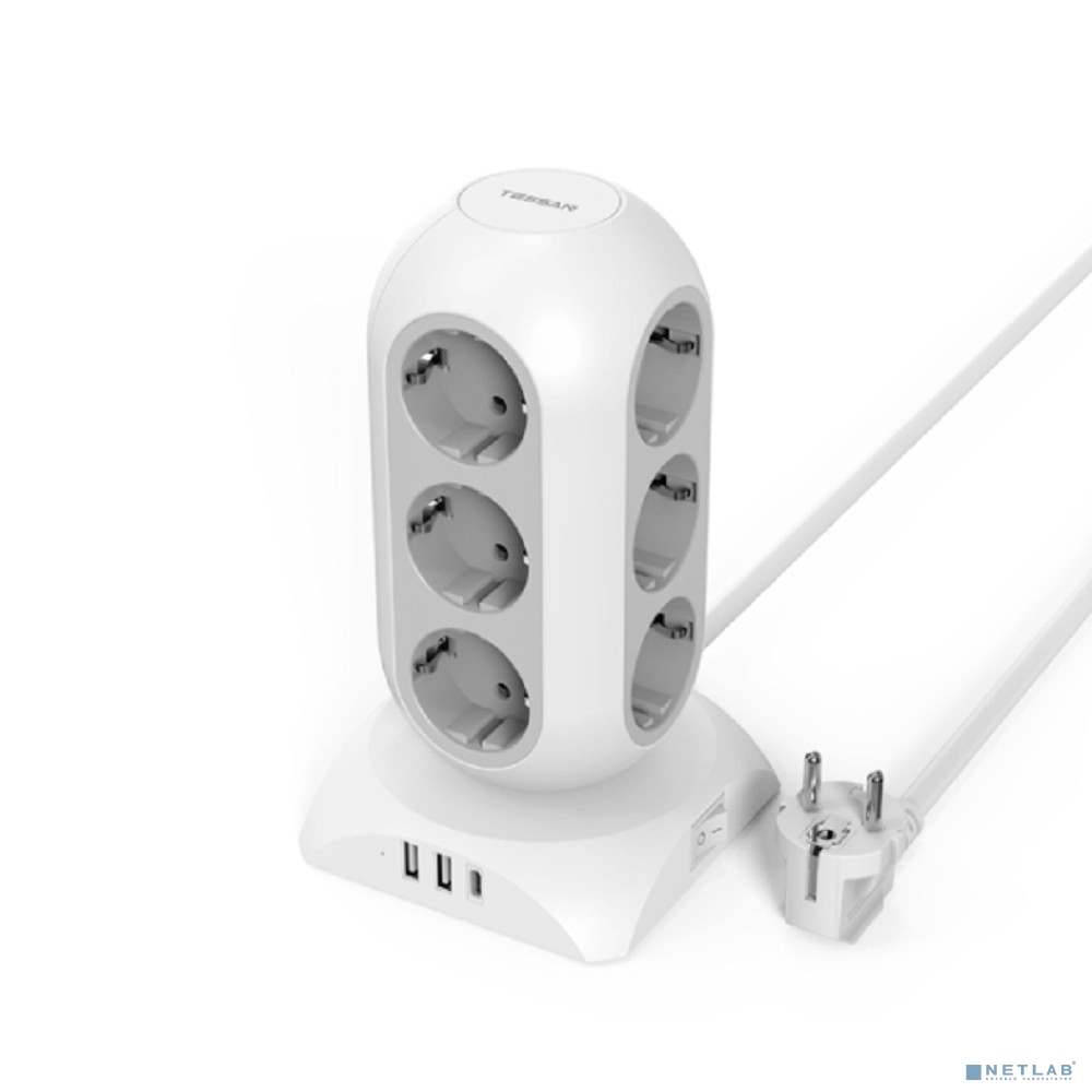TESSAN TPS02-DE-C Сетевой фильтр с 12 розетками 220В, 2 USB-A портами, 1 USB-C портом и переключателем