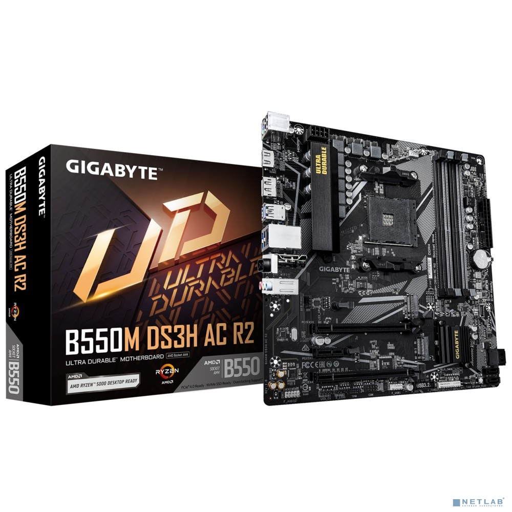 Материнская плата Gigabyte B550M DS3H AC R2 Soc-AM4 AMD B550 4xDDR4 mATX AC`97 8ch(7.1) GbLAN RAID+HDMI+DP