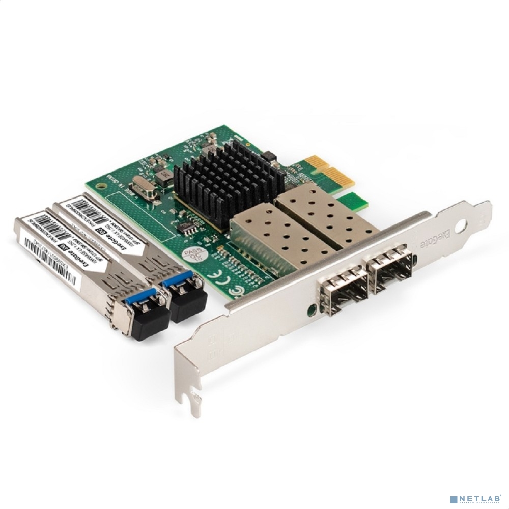 Exegate EX299087RUS Комплект: Сетевой адаптер SFP ExeGate EXE-82576-F2+2x Трансивер Single-Mode до 20км ExeGate EXT-1G-SM1310-LC2-20KM (EX296229RUS: PCI-E x1 v2.0, порты 2x SFP (10/100/1000Mb/s), Gig