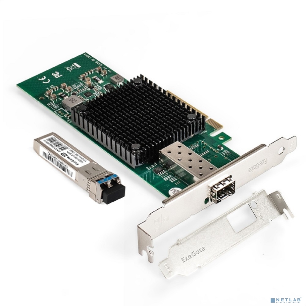 Exegate EX298940RUS Комплект: Сетевой адаптер SFP+ ExeGate EXE-X520-DA1 + Трансивер Single-Mode до 10км EXT-10G-SM1310-LC2-10KM (EX296227RUS PCI-E x8 v2.0, порты 1x SFP+ 10Gb/s (10/5/2.5/1Gb/s, 100Mb/