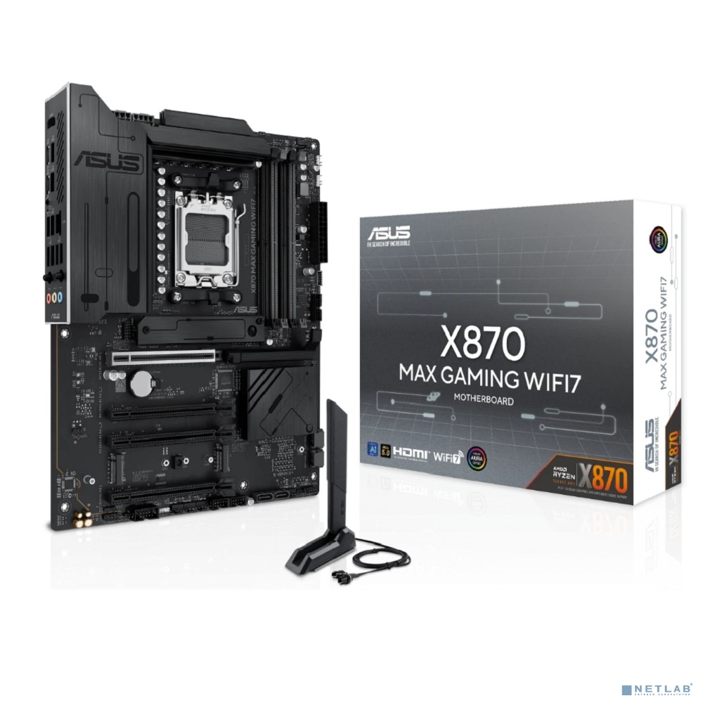 ASUS X870 MAX GAMING WIFI7 (Socket AM5, ATX, 4xDDR5(256GB), HDMI, 1xPCIe 5.0x16/2xPCIe 4.0x16/xPCIe 3.0x16, 1xLAN (2.5GbE), Wi-Fi 7, BT, 4xSATA 6Gb/s, 3xM.2, 2xUSB4 Type-C, 4xUSB 3.2, 4xUSB 2.0)