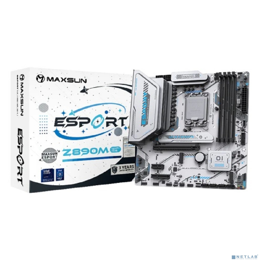 MAXSUN MS-eSport Z890M WIFI ICE (Socket 1851, mATX, 4*DDR5(256Gb), DP/HDMI, 4*SATA3, 3*M.2, 1xPCI-Ex16 /1xPCI-Ex4/1*PCIEx1, 1*Type-C, 4*USB 2.0, 2*USB 3.2, LAN 1*2.5G, BT 5.2, Wi-Fi 6, SPDIF, white)