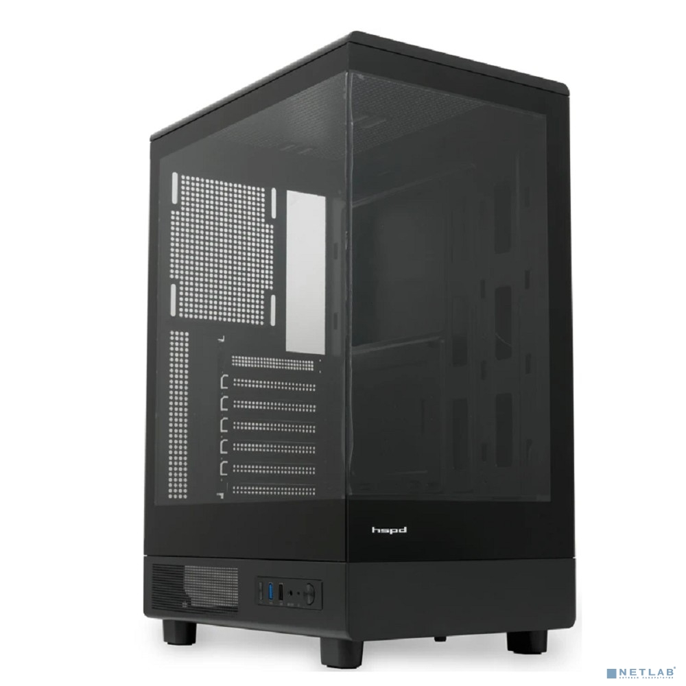 Case HSPD F510, Panoramic Mid Tower, Black, TG, 0.5 SPCC, no fans ATX, mATX, mITX 180/280/160mm 1x2.5", 1x3.5", 7xPCI 1xUSB-A 3.0, 1xUSB-A 1.0 356x218x467mm